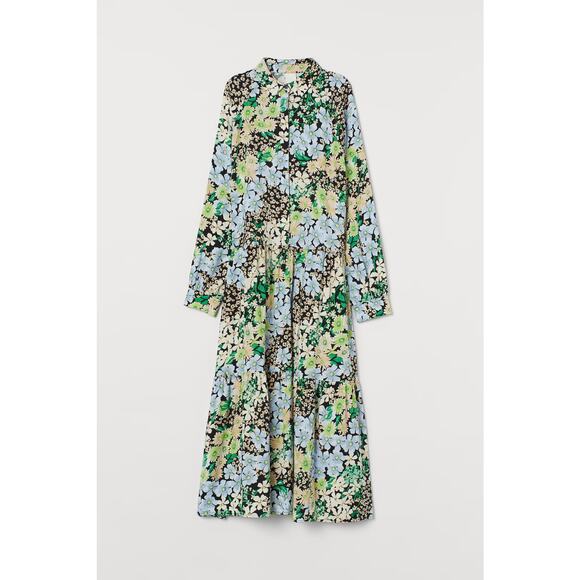 H&M Collared Floral Dress Long Sleeve Black, Blue Prairie Cottage Core Small - Picture 1 of 8